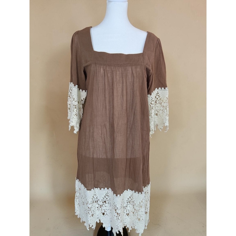 Umgee USA Brown Gauze Boho Dress Crochet Lace Trim Square Neck Large Cottagecore